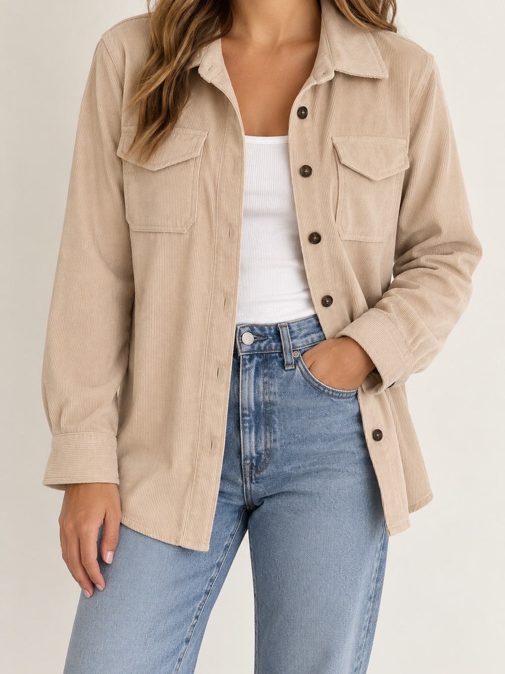 Classic Beige Corduroy Shirt Jacket - Women
